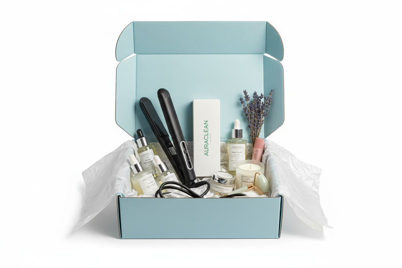 caja sorpresa de cuidado personal con fondo blanco que incluya plancha de pelo y caja cepillo dientes como minimo