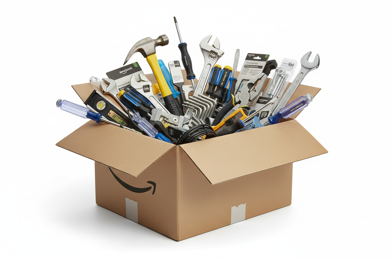 Caja sorpresa de herramientas de devoluciones de Amazon. Fondo blanco