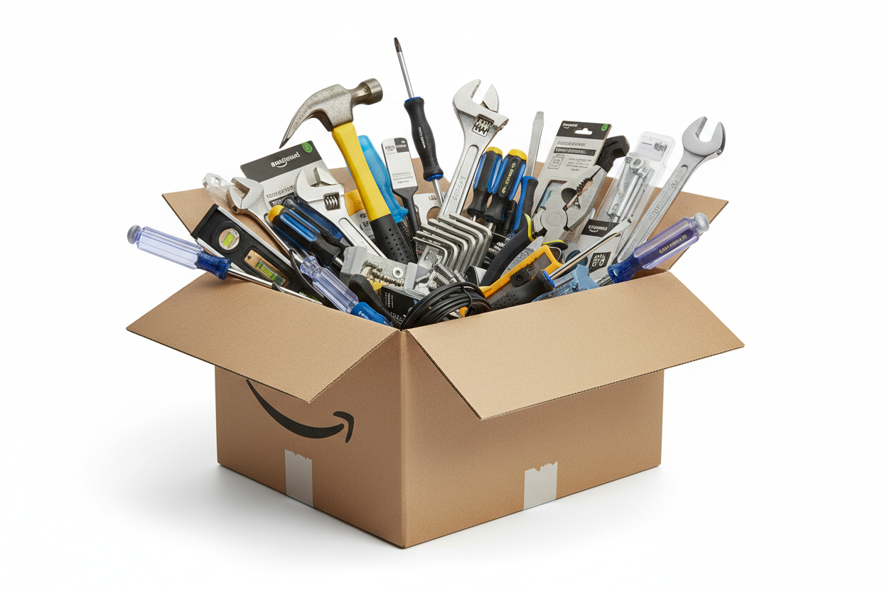 Caja sorpresa de herramientas de devoluciones de Amazon. Fondo blanco